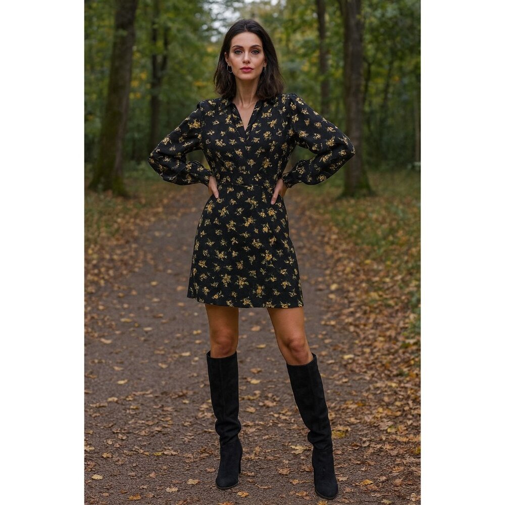 GANNI Black Yellow Floral Shirt Dress Women’s Size 36 Long Sleeve Button Front